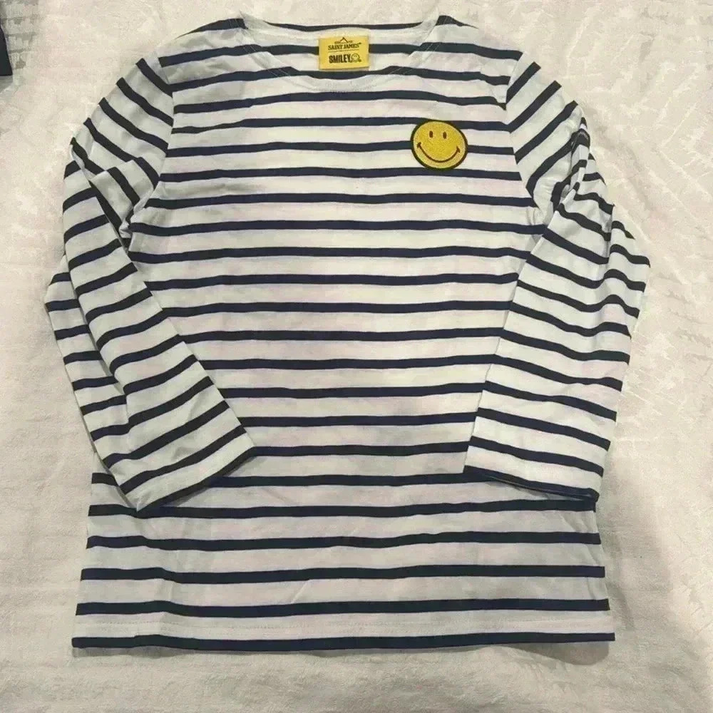 Saint James smiley shirt navy and white crew neck